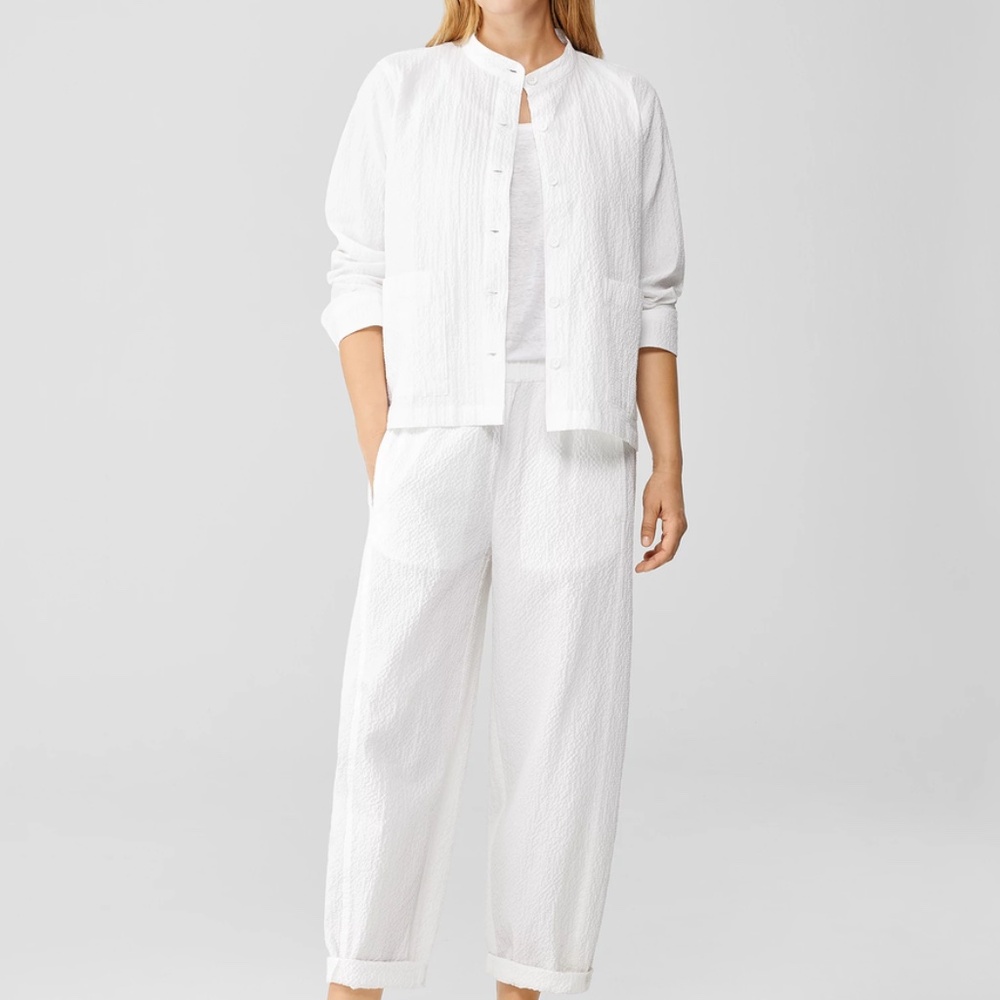 Eileen Fisher White Organic Cotton Pucker Jacket and Pant Set